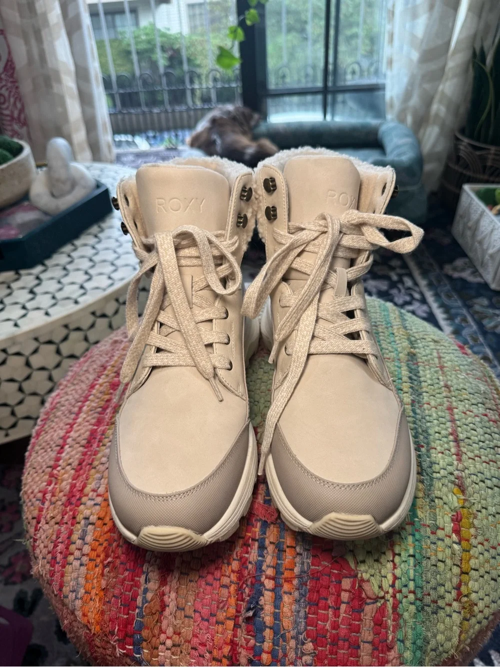 ▫️🤍 Roxy Women's Cream Tan Sherpa Lace-Up Winter Boots 🤍▫️